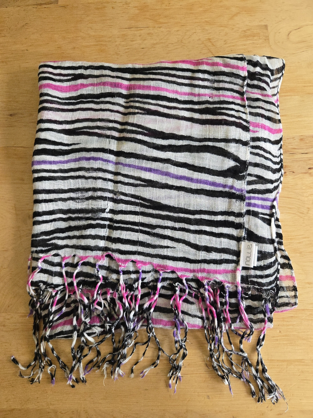 Nollie Striped Fringe Scarf in Black, White, Pink & Purple